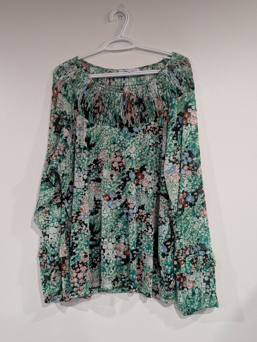 Cleo Mesh Floral Smocked Blouse Green White Pink Size XXL